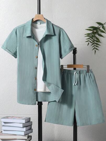 Teen Boy Solid Color Textured Button Front Short Sleeve Shirt And Shorts Set, School, Campus, College