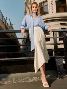 Anewsta Striped Wide Button-Down Shirt - Blue - View 3