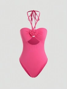 SHEIN Unity 女士 3d 花朵裝飾連身衣,掛頸和腰帶 - 玫紅色 - 查看 1