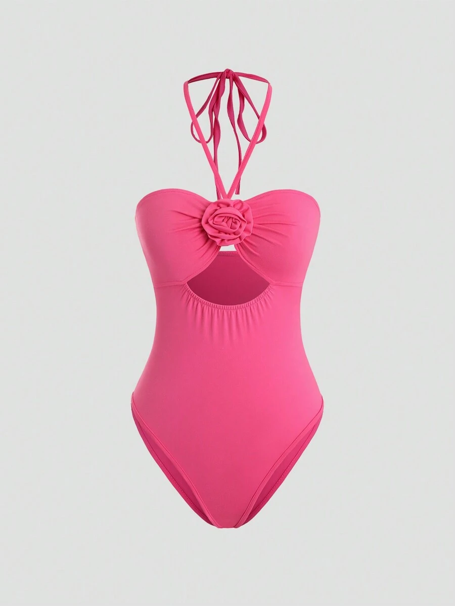 SHEIN Unity 女士 3d 花朵裝飾連身衣,掛頸和腰帶 - 玫紅色 - 查看 1