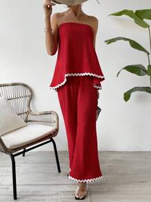 Breezaya 女士對比邊飛擺褲背心連體裝 - 紅色 - 查看 3