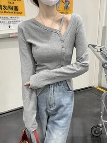 分開按鈕設計感十足的t恤 - 灰色 - 查看 3