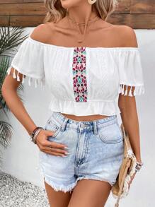 SHEIN VCAY 女士離肩短袖上衣,帶流蘇袖 - 白色 - 查看 3