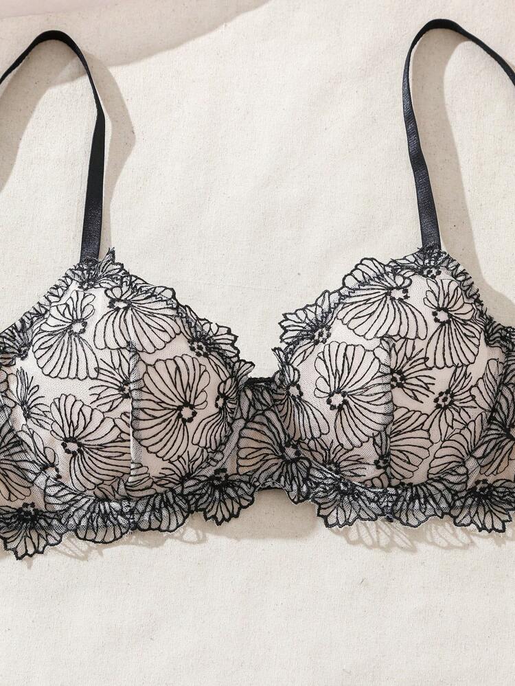 Women's Floral Pattern Mesh Bra & Thong Lingerie Set