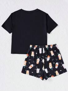 SHEIN Teen Girls' Knitted Coffee Milk Tea Print T-Shirt And Shorts Casual Homewear Pajamas - Black - View 2