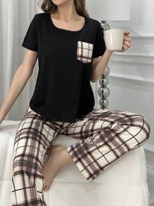 Conjunto De Pijama Y Camiseta De Manga Corta A Cuadros Con Bolsillo Para Mujer