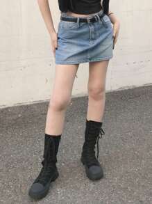 DAZY Chân váy jeans lưng cao giặt không thắt lưng cho nữ - Màu xanh lam - Xem 5
