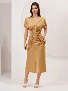 Modelyn Women's Batwing Sleeve Pleated Dress Long Evening Dresses - Coffee Brown - View 4