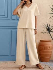 EMERY ROSE Women's V-Neck Short Sleeve Shirt And Pants Set - Apricot - View 6