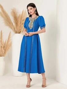 Round Neck Floral Lace Embroidery Dress - Blue - View 3