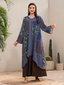 Lacomfia Women's Arabic Style Long Sleeve Caftan Dress With Paisley Printed