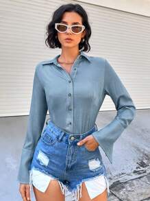 GENKIRA Ladies' Denim Effect Long Sleeve Shirt - Baby Blue - View 4