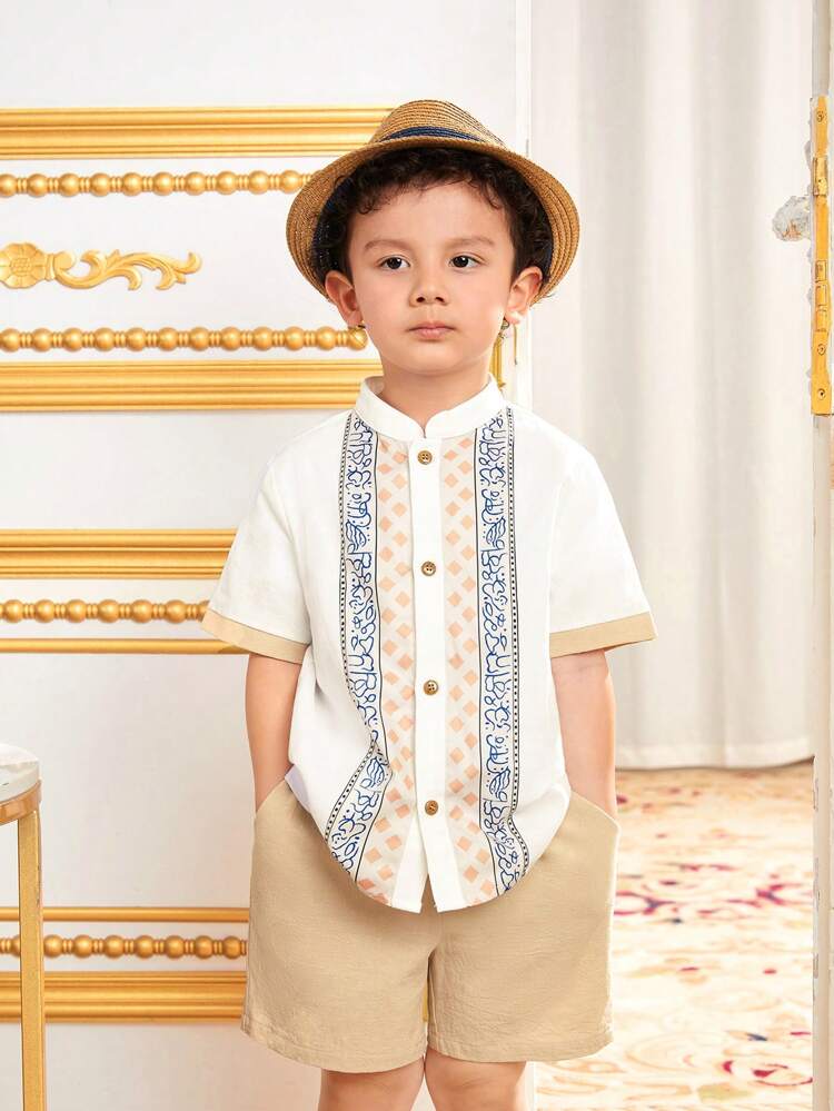 Young Boy Casual Stand Collar Short Sleeve Shirt & Shorts Set With Geometric Print And Patchwork Design