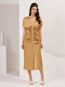 Modelyn Women's Batwing Sleeve Pleated Dress Long Evening Dresses - Coffee Brown - View 5