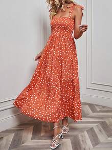 Polka Dot Printed Spaghetti Strap Long Dress - Orange - View 1