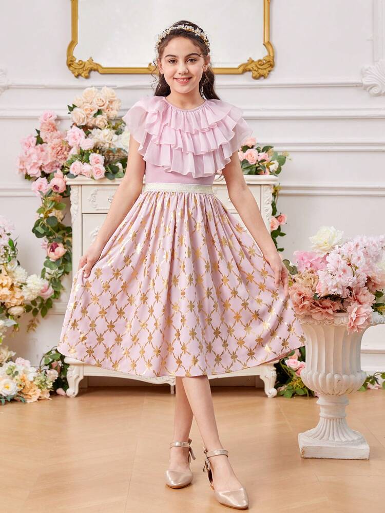 2pcs/Set Tween Girls' Round Neck Multi-Layered Frill Decor Shirt And Metallic Gold Fabric Skirt