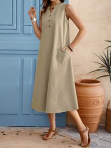 EMERY ROSE Summer Casual Khaki Texture Sleeveless Dress For Vacation In Countryside - Khaki - View 4