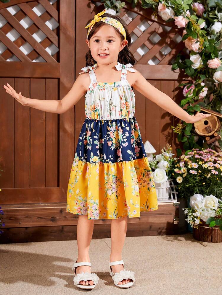 Young Girl's Woven Colorblock & Floral Casual Cami Dress With Headband