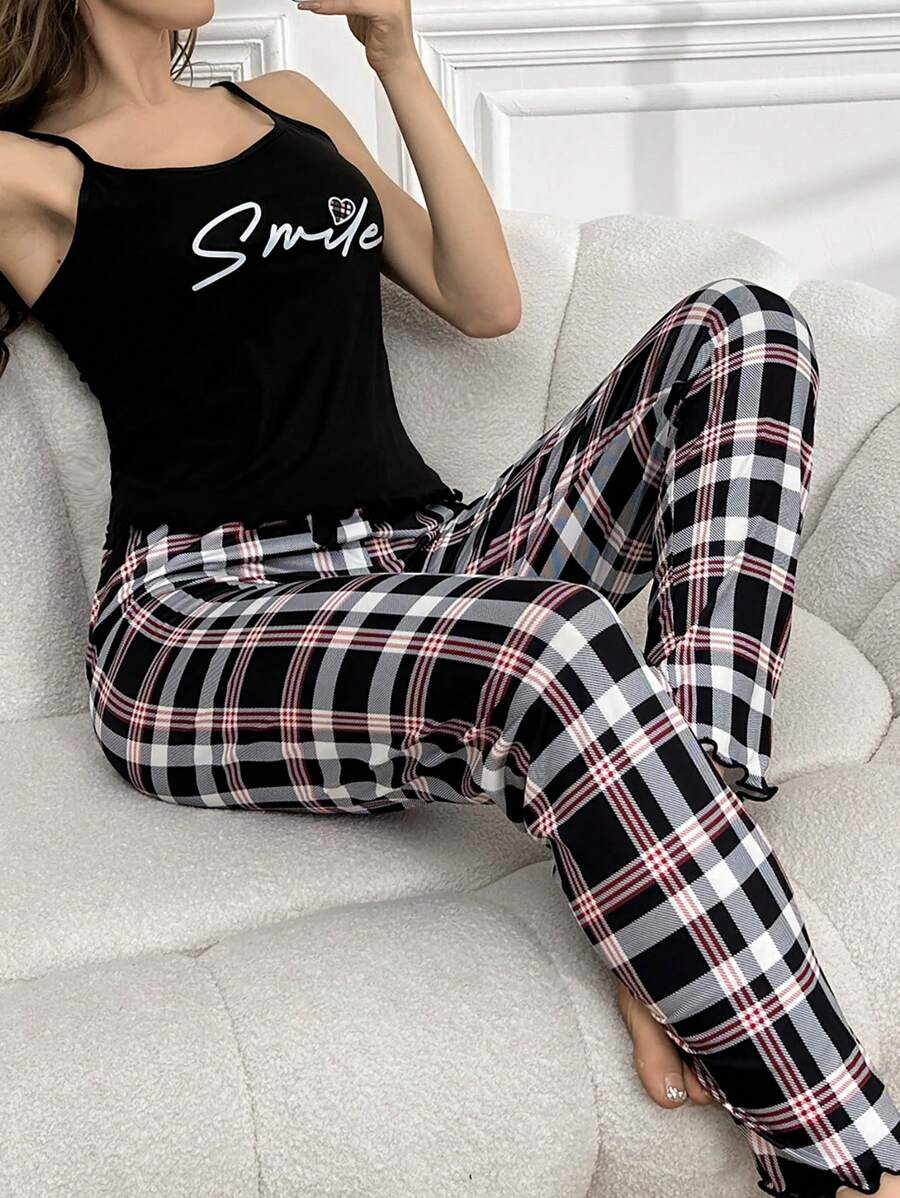 Juego De Pijama Con Top Tipo Camiseta Impreso Con Eslogan Y Pantalones A Cuadros - Multicolor - Ver 1