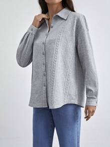 SHEIN Essnce Women's Textured Long Sleeve Shirt - Light Grey - View 5