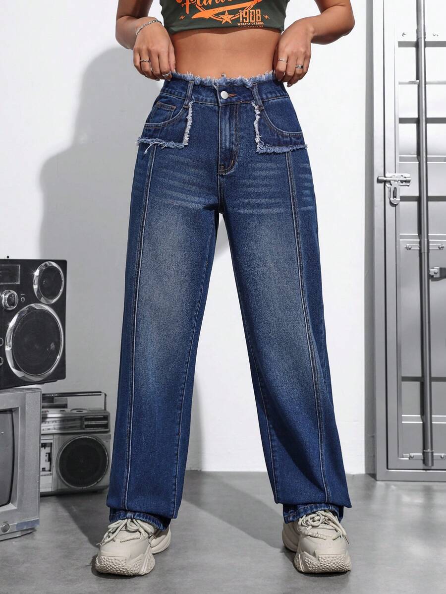 SHEIN EZwear Của phụ nữ Chân thẳng Eo cao Quần jean Với Frayed Hem - Rửa tối - Xem 1