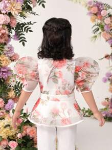SHEIN 少女可愛 V領泡泡袖短袖上衣,印有花卉圖案 - 彩色 - 查看 3
