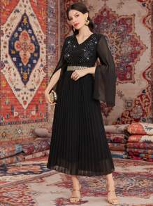 Modelyn Long Sleeve Dress With Rhinestone Decoration, Split Front And Pleated Hem - Black - View 1