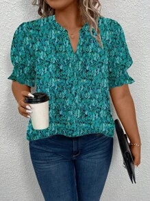 SHEIN LUNE Plus Size Women's Full Print Notched V-Neck Blouse - Blue - View 3