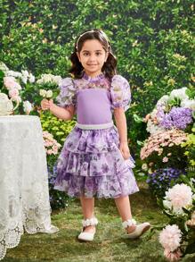 SHEIN Conjunto De Manga Puff Para Niñas Jóvenes Con Top De Punto Con Volantes De Malla Con Patrón Floral Y Cuello De Pie Con Falda De Múltiples Capas En Forma De Pastel - Multicolor - Ver 4