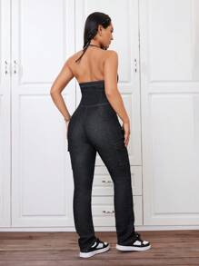 SHEIN ICON Women's Slim Fit Denim Jumpsuit With Spaghetti Straps - Black - View 2