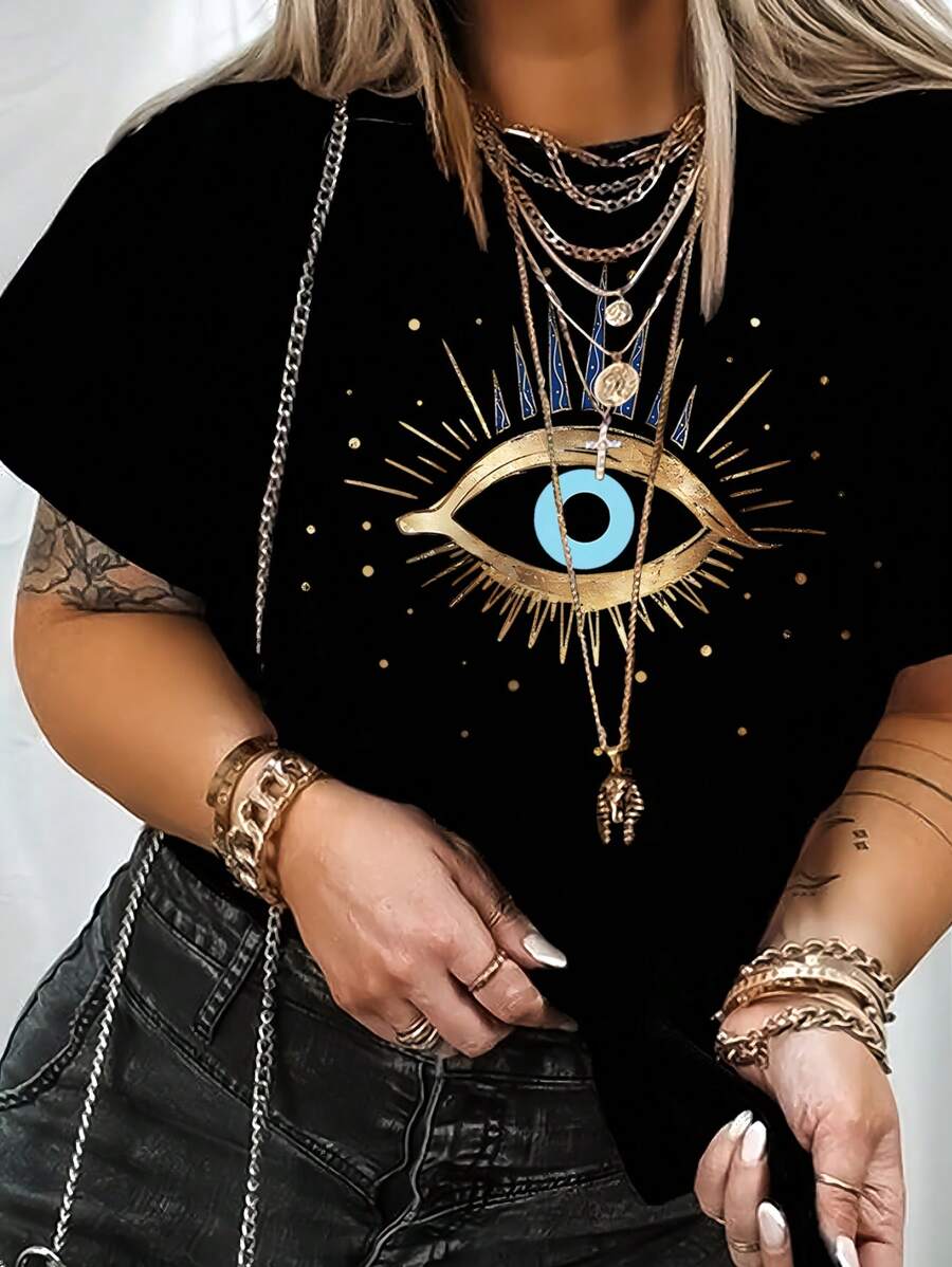 Calvaya 大碼女士眼睛印花短袖t恤 - 黑色 - 查看 1