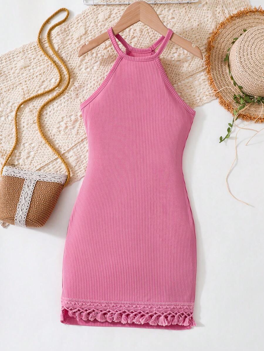 SHEIN Explorewe Tween Girl's Halter Neck Dress With Tassel Hem - Hot Pink - View 1