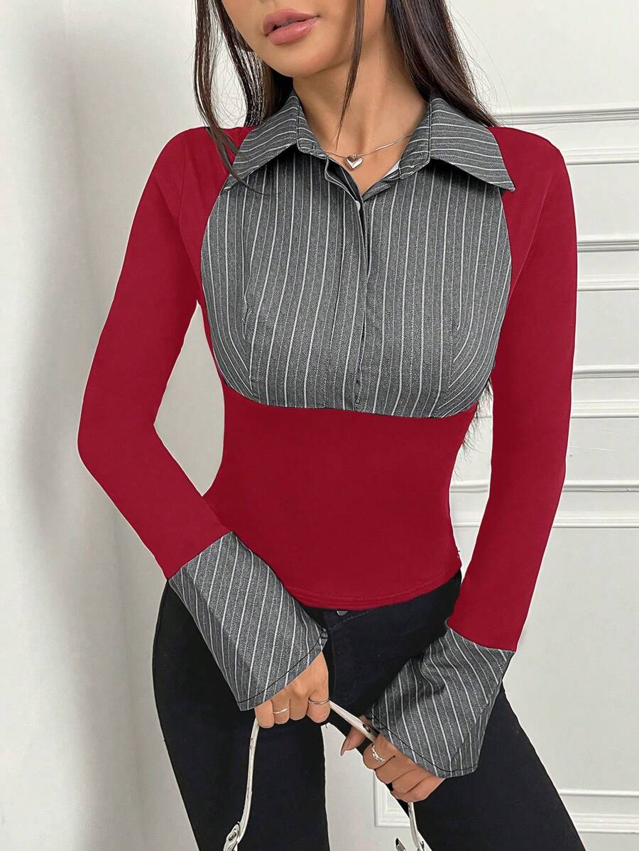SHEIN Unity Damen Farbblock Gestreifte Gespleißte Langarm-t-shirt - Rot - Übersicht 1