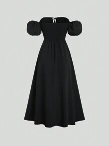 Sweetra Tie Off Shoulder Puff Sleeve Bodycon Dress With Textured Fabric Maxi Women Outfit