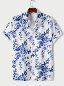 Manfinity Dauomo Men's Floral Print Button Front Shirt - Blue - View 1