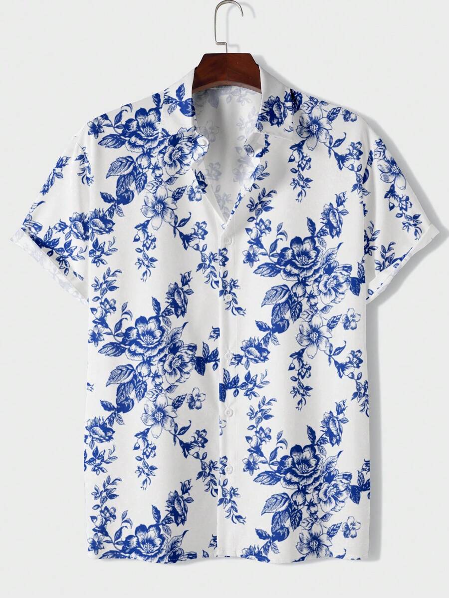 Manfinity Dauomo Men's Floral Print Button Front Shirt - Blue - View 1