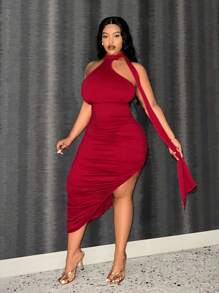 Slaydiva Vestido midi elegante rojo con cuello de halter, ajustado, fluido, con recortes, drapeado y abertura lateral para mujer, adecuado para el Día de San Valentín, fiestas y citas - Rojo - Ver 1