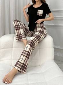 Conjunto De Pijama Y Camiseta De Manga Corta A Cuadros Con Bolsillo Para Mujer