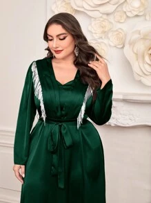 Modelyn Vestido De Mangas Compridas E Franjas Com Lantejoulas Em Tamanho Grande - Verde escuro - Ver 4