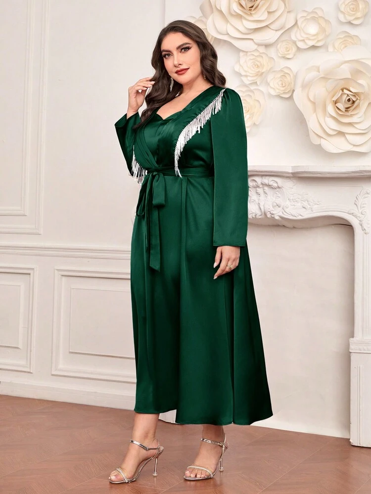 Plus Size Glitter Fringe Long Sleeve Dress