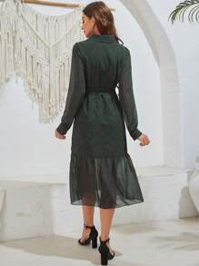 GENKIRA Peplum Hem Long Sleeve Dress With Paisley Print Fall Cloth For Women - Dark Green - View 2