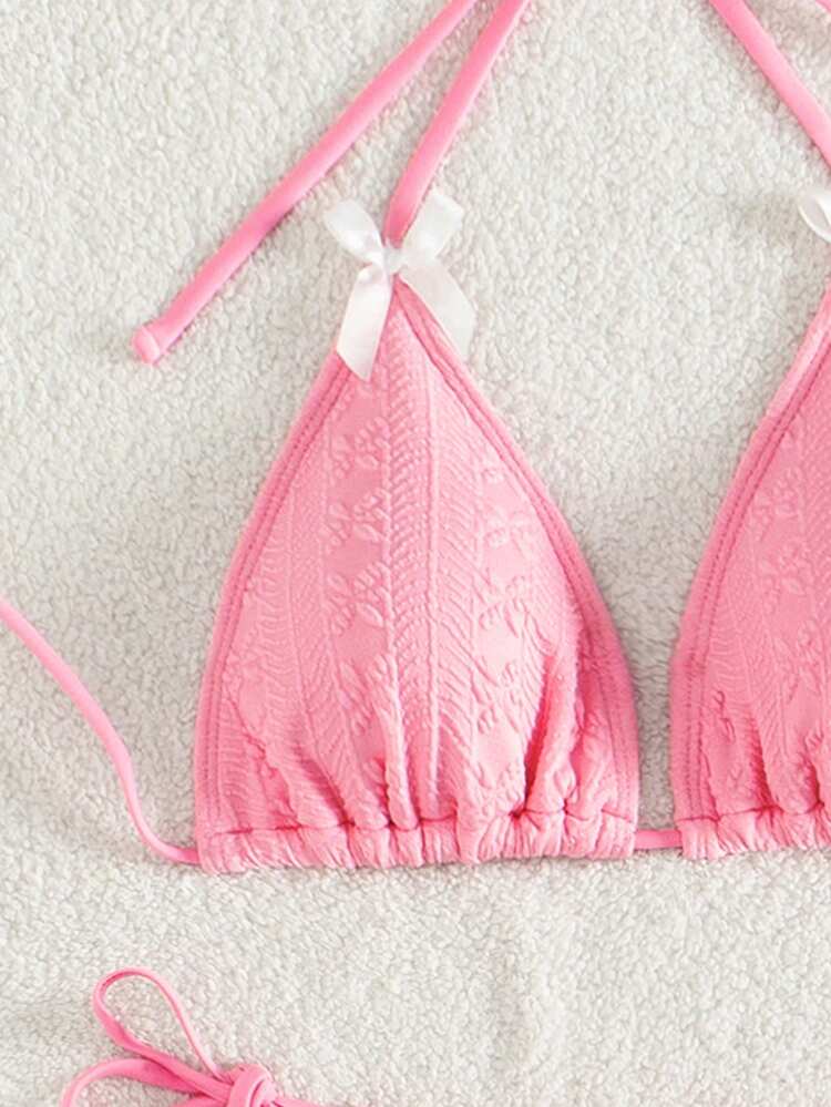 Women's Color Block Bowknot Decoration Halter Bikini Set Valentine Summer Beach