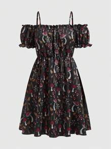 Dibya 女士蘑菇印花露肩短袖連衣裙 - 黑色 - 查看 1