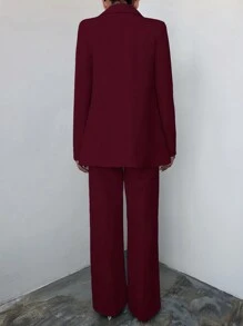 EURMUSE Women's Solid Color Notched Collar Blazer And Pants Suit Set With Belt - Burgundy - View 2