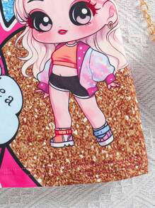 SHEIN Young Girl Sweet And Cool Cartoon Girl Pattern Dress - Hot Pink - View 3