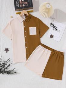 男士拼色短袖襯衫短褲套裝家居服 - 卡其色 - 查看 1