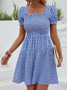 SHEIN LUNE Vestido A Cuadros Para Mujer Con Escote Cuadrado - Azul y blanco - Ver 4