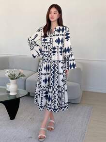 DAZY Vestido suelto con estampado geométrico todo sobre, cuello escotado, mangas acampanadas, volantes, ropa de mujer para otoño