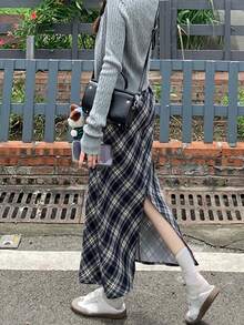 High Waisted Slit Plaid Casual Vacation Skirt