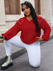 Calvaya Suéter de punto de talla grande con estampado de tachuelas y corazones para otoño e invierno - Rojo - Ver 5